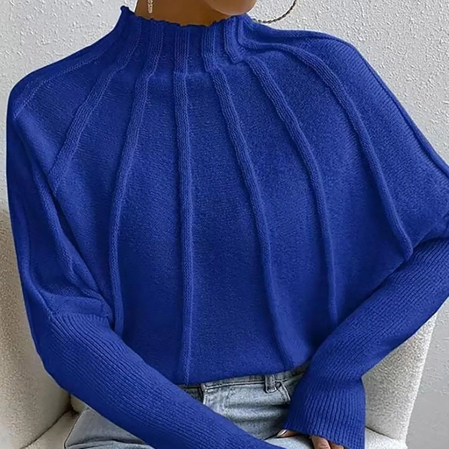 Womens Half Turtleneck Long Sleeve Fall Oversized Mock Neck A Shaped Woven Strip Sweater Pullover Sweater Top