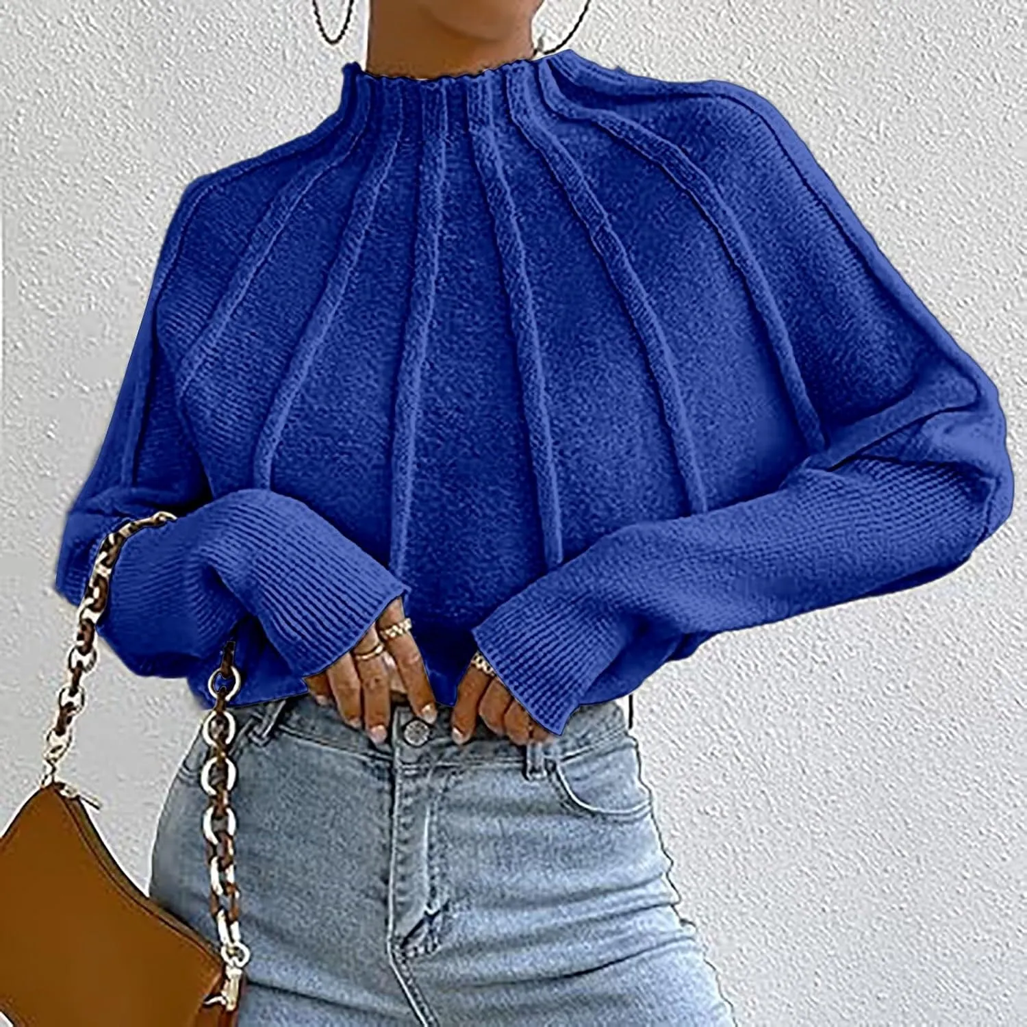 Womens Half Turtleneck Long Sleeve Fall Oversized Mock Neck A Shaped Woven Strip Sweater Pullover Sweater Top