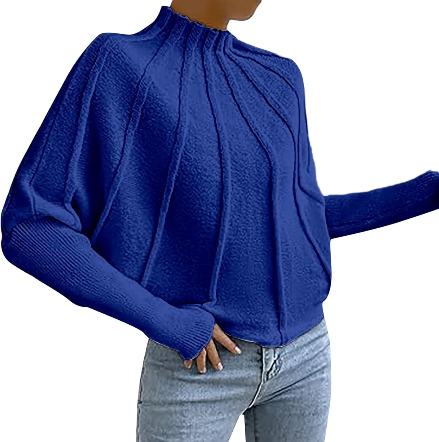 Womens Half Turtleneck Long Sleeve Fall Oversized Mock Neck A Shaped Woven Strip Sweater Pullover Sweater Top
