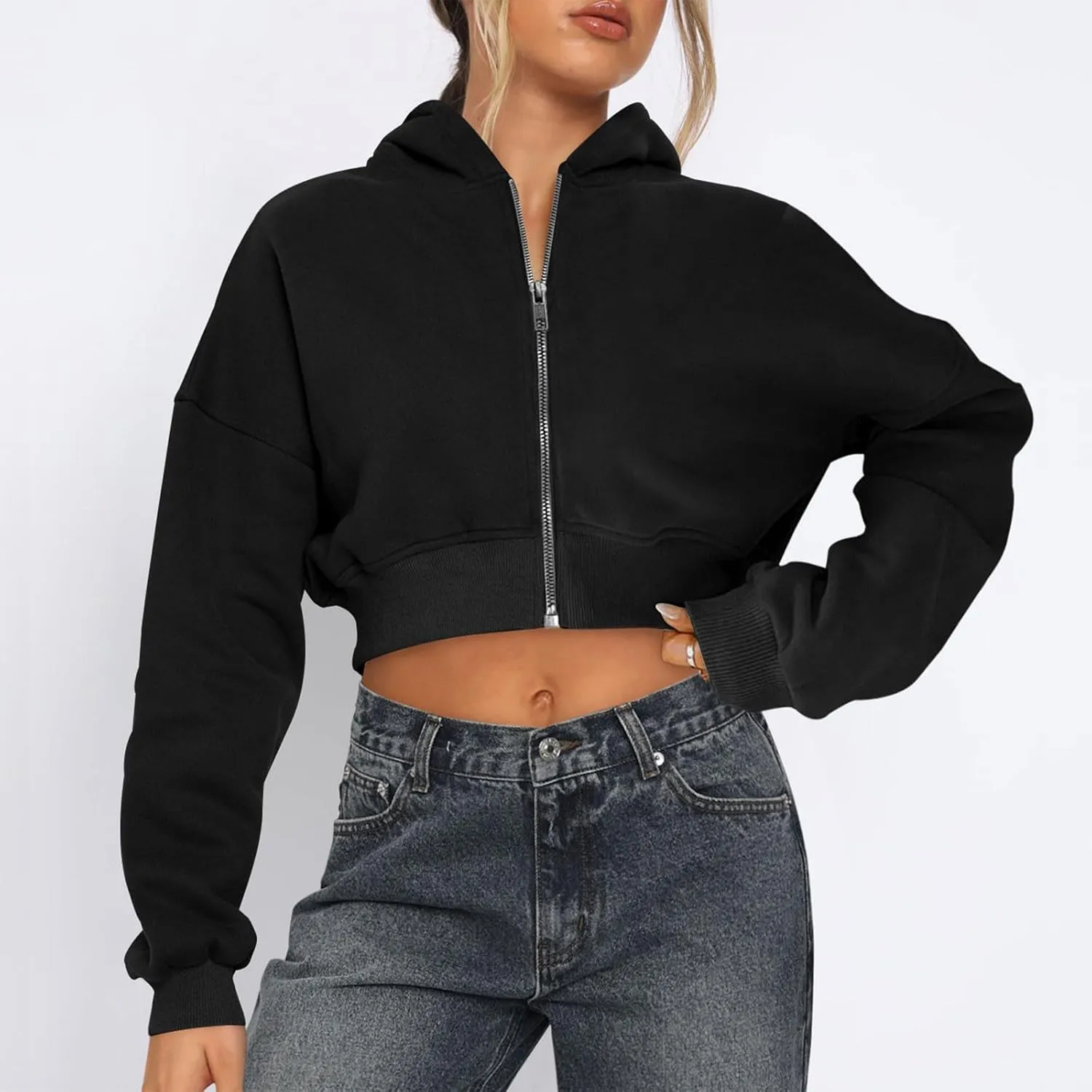 Womens Hooded Athletic Jackets Fashion Zip up Soild Color Cropped Hoodie Ladies Casual Long Sleeve Sweatshirt Coats