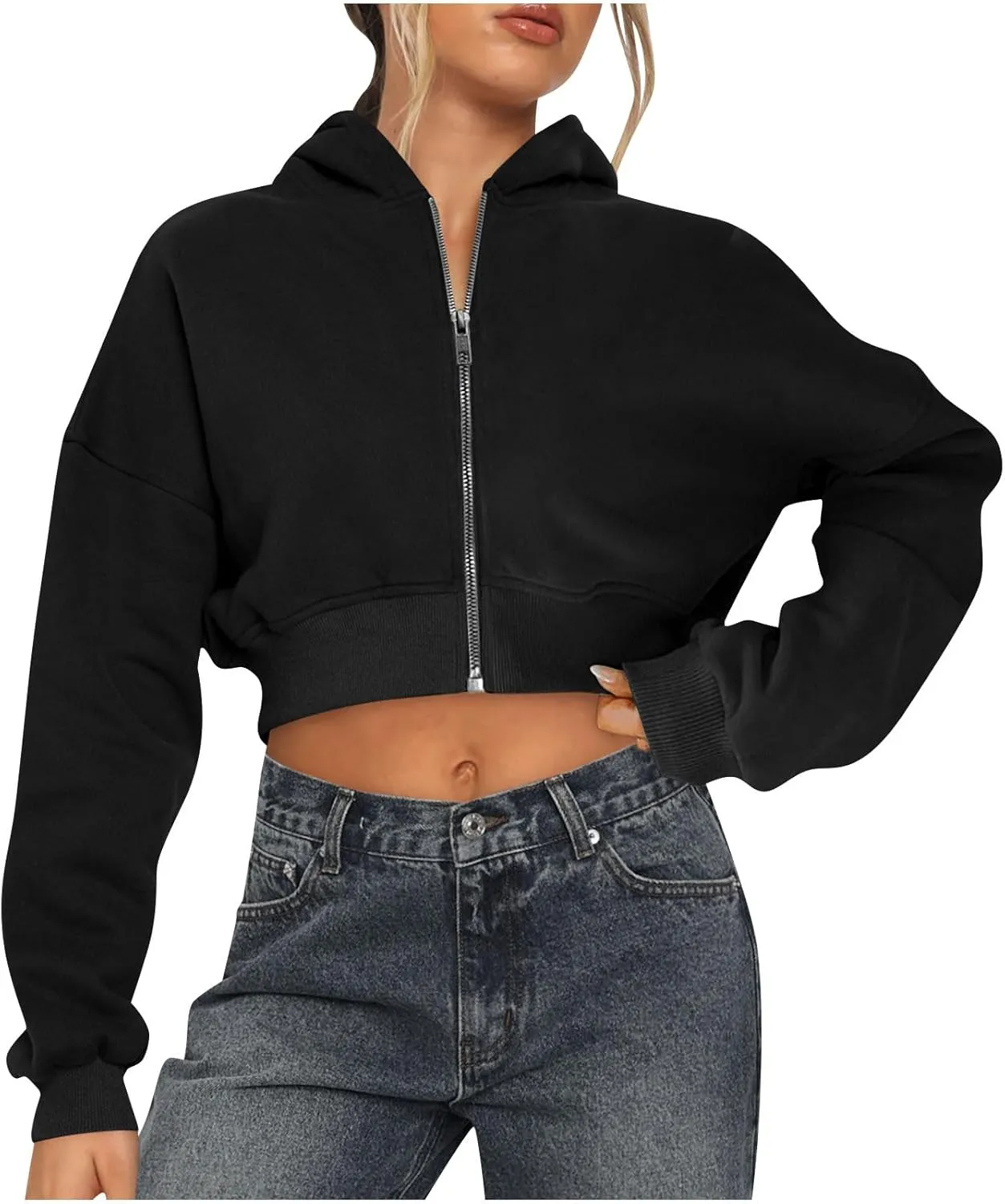 Womens Hooded Athletic Jackets Fashion Zip up Soild Color Cropped Hoodie Ladies Casual Long Sleeve Sweatshirt Coats