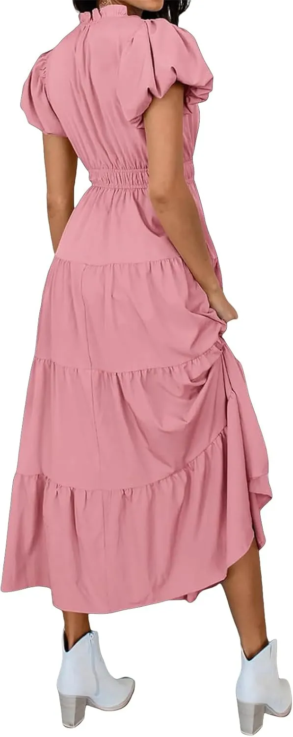 Womens Midi Dress Puff Short Sleeve V Neck Flowy Tiered Smocked Boho Beach Dresses with Pockets