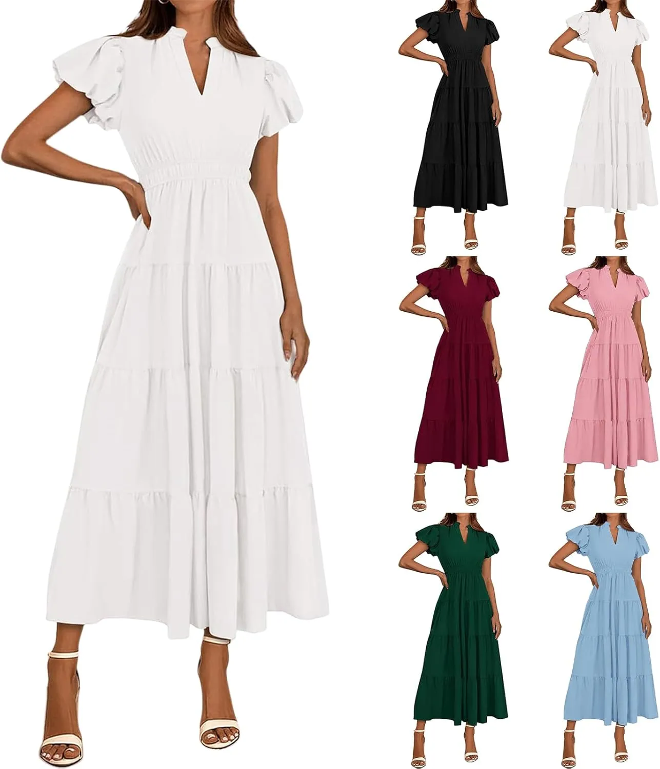 Womens Midi Dress Puff Short Sleeve V Neck Flowy Tiered Smocked Boho Beach Dresses with Pockets