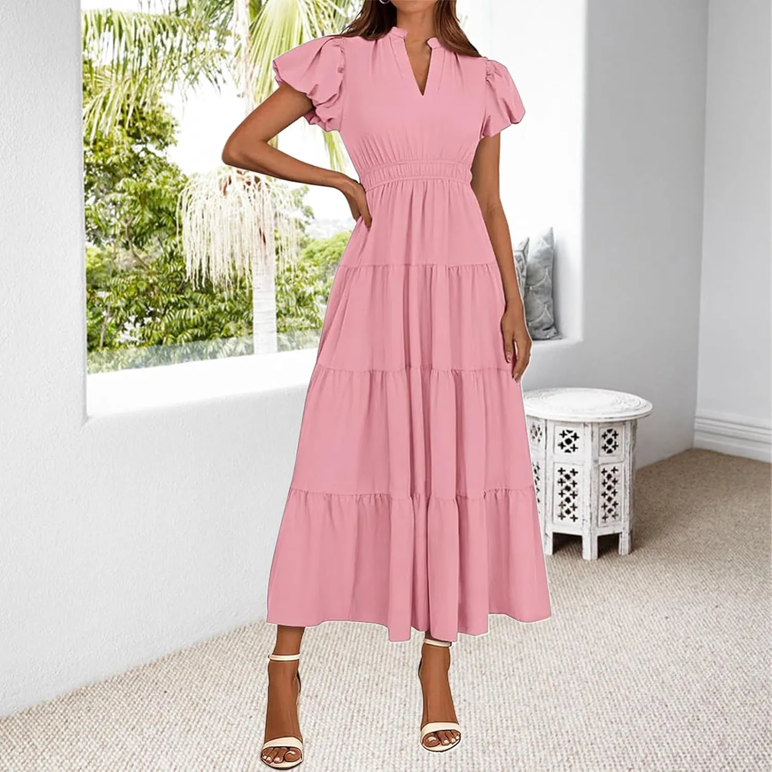Womens Midi Dress Puff Short Sleeve V Neck Flowy Tiered Smocked Boho Beach Dresses with Pockets