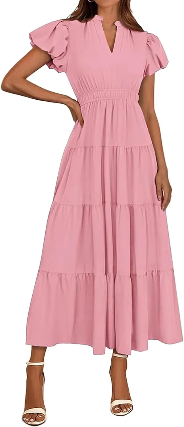 Womens Midi Dress Puff Short Sleeve V Neck Flowy Tiered Smocked Boho Beach Dresses with Pockets