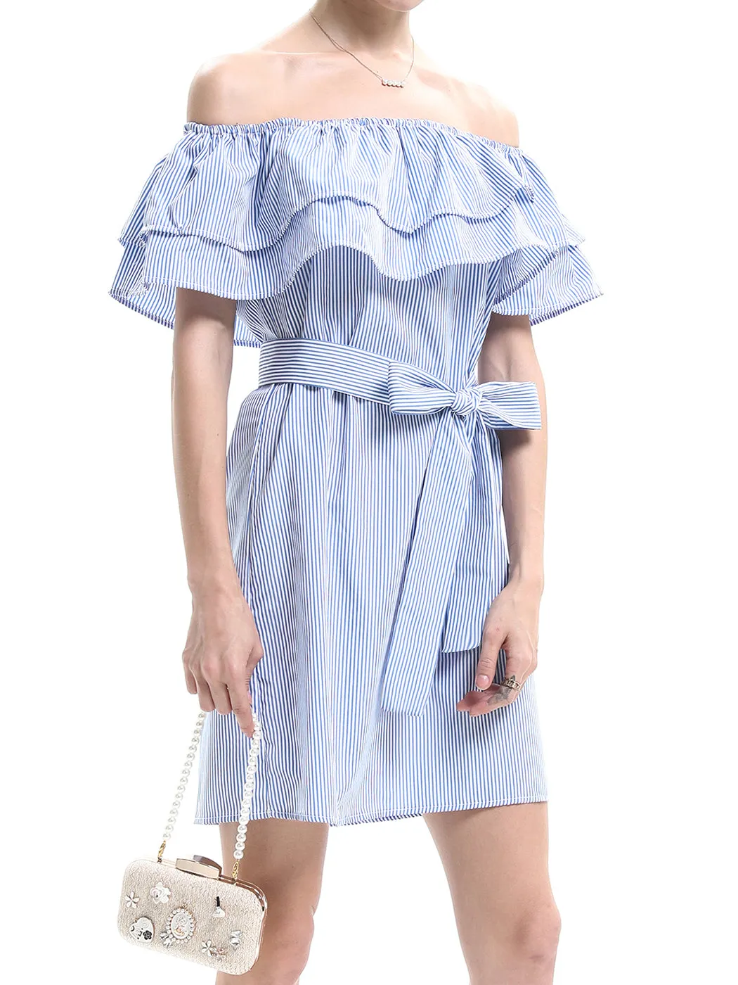 Womens Off Shoulder Comfy Casual Ruffle Short Denim Slip Dress