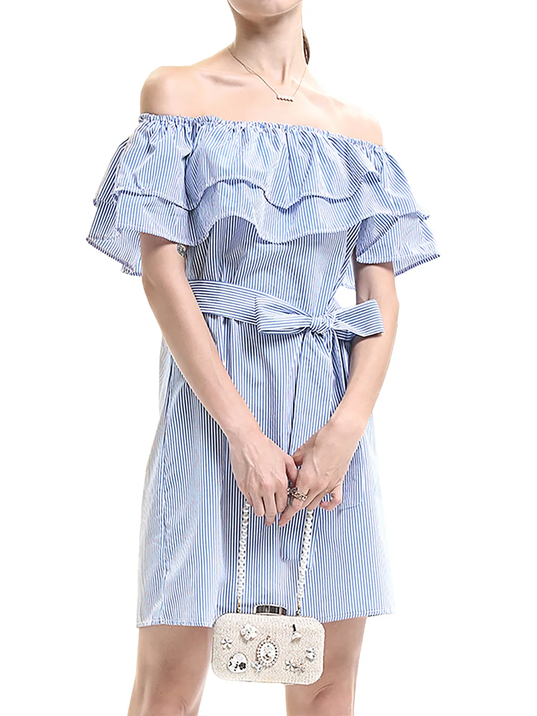 Womens Off Shoulder Comfy Casual Ruffle Short Denim Slip Dress