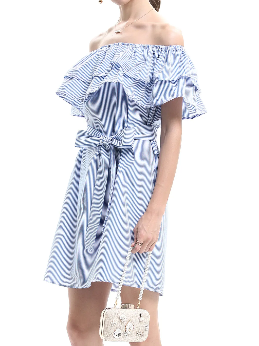 Womens Off Shoulder Comfy Casual Ruffle Short Denim Slip Dress