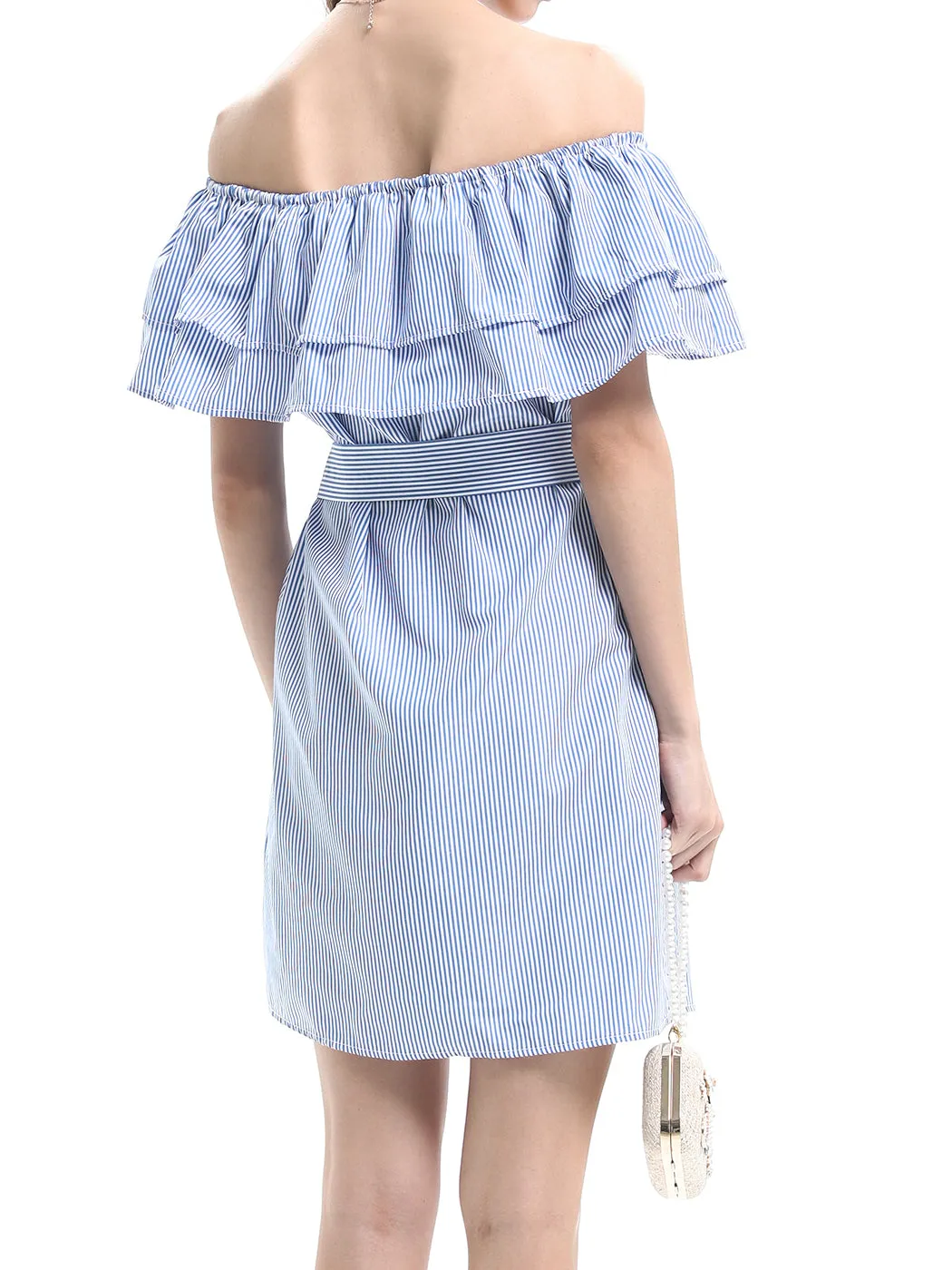 Womens Off Shoulder Comfy Casual Ruffle Short Denim Slip Dress