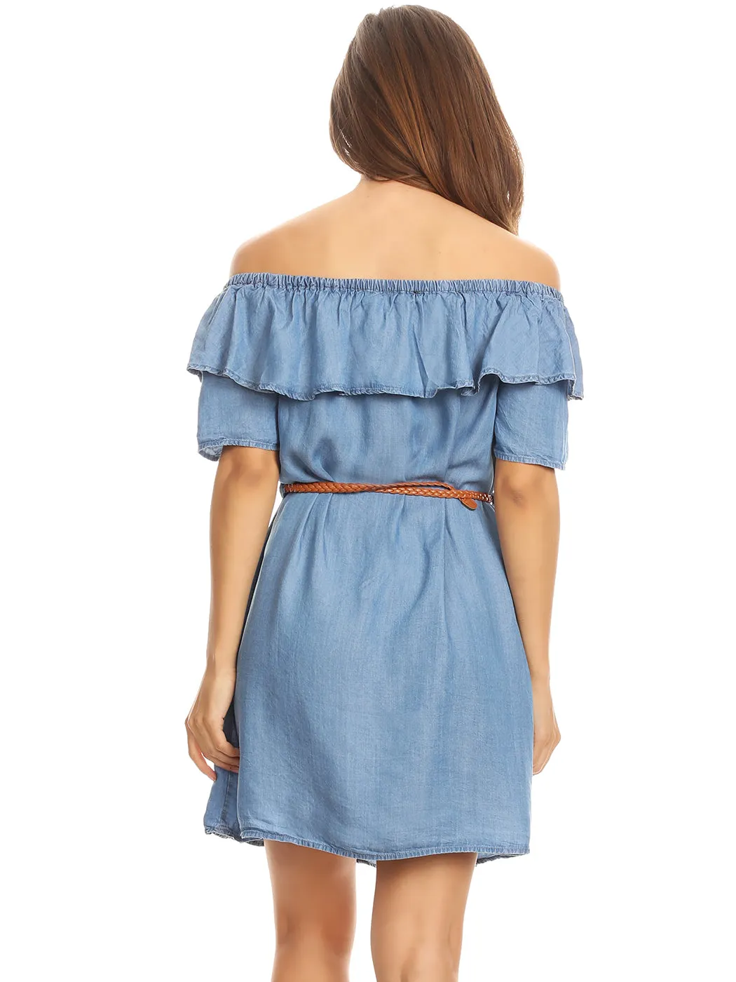 Womens Off Shoulder Comfy Casual Ruffle Short Denim Slip Dress