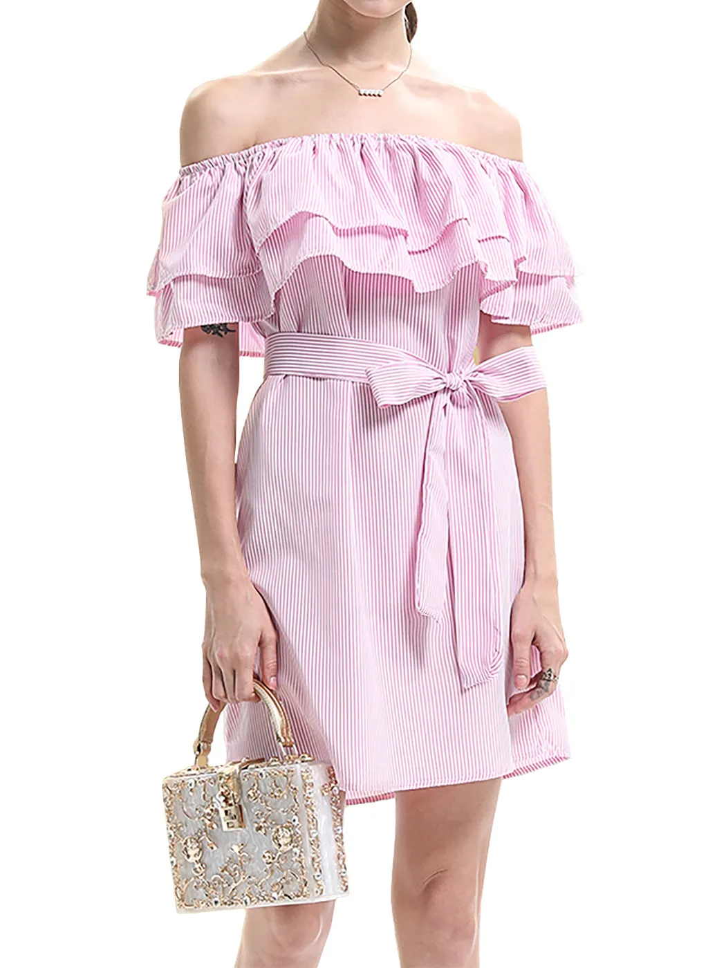 Womens Off Shoulder Comfy Casual Ruffle Short Denim Slip Dress