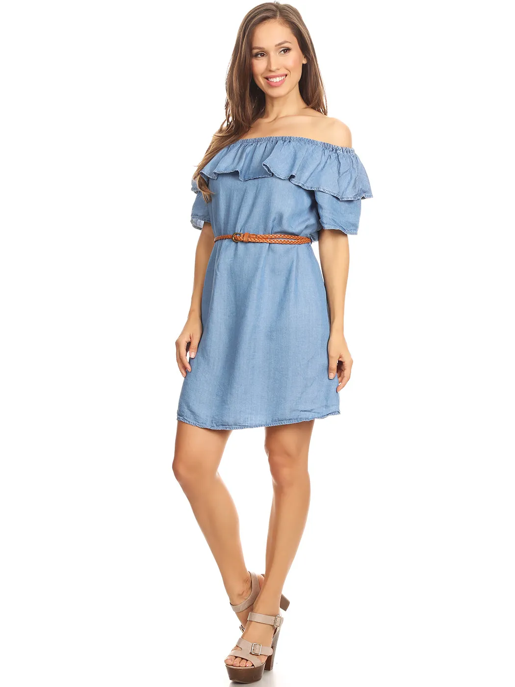 Womens Off Shoulder Comfy Casual Ruffle Short Denim Slip Dress