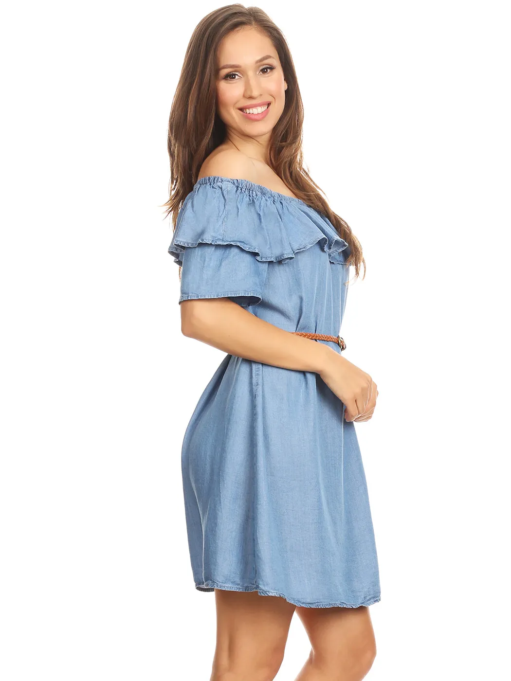 Womens Off Shoulder Comfy Casual Ruffle Short Denim Slip Dress