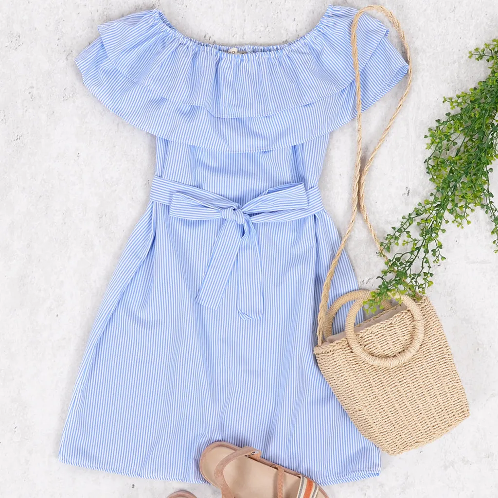 Womens Off Shoulder Comfy Casual Ruffle Short Denim Slip Dress