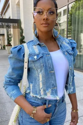 Women's Ripped Denim Jacket Casual Long Puff Sleeve Button Down Cropped Jean Coats for Fall