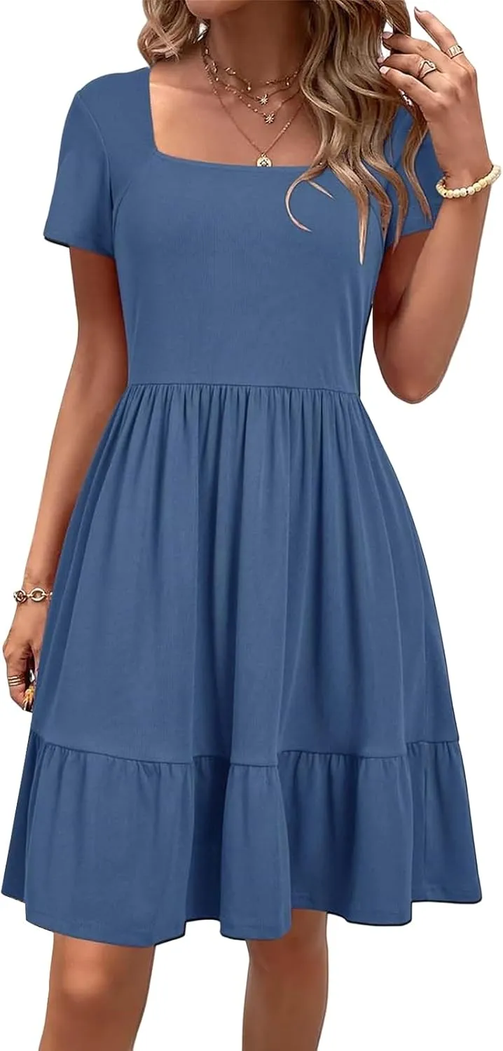 Womens Summer Casual Dresses Short Sleeve Square Neck Babydoll Dress A-Line Tiered Sundress Beach Vacation Dress
