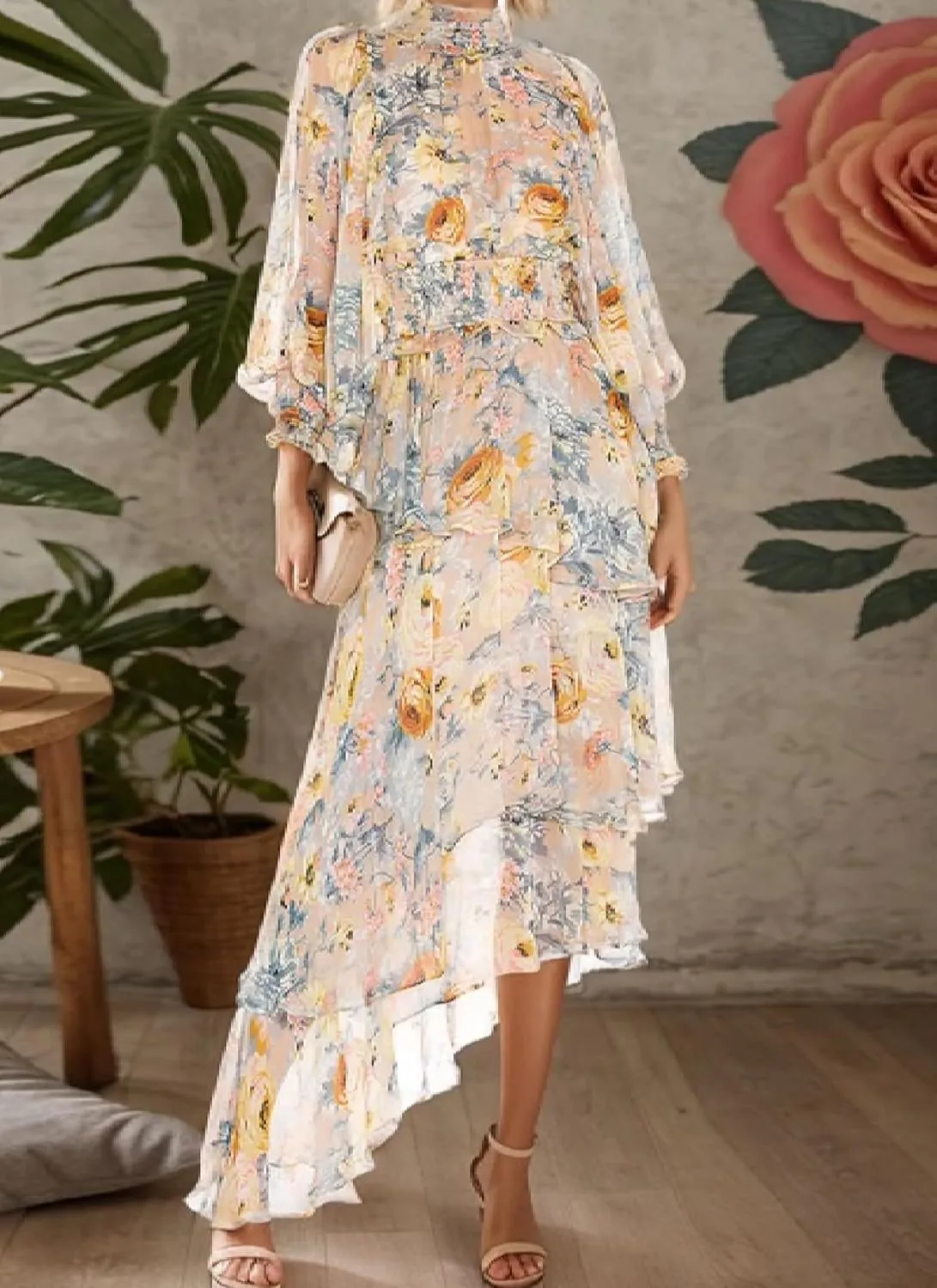 Women's Summer Dresses High Neck Long Sleeve Floral Print Print Beige Maxi Dress with Irregular Ruffle Hem
