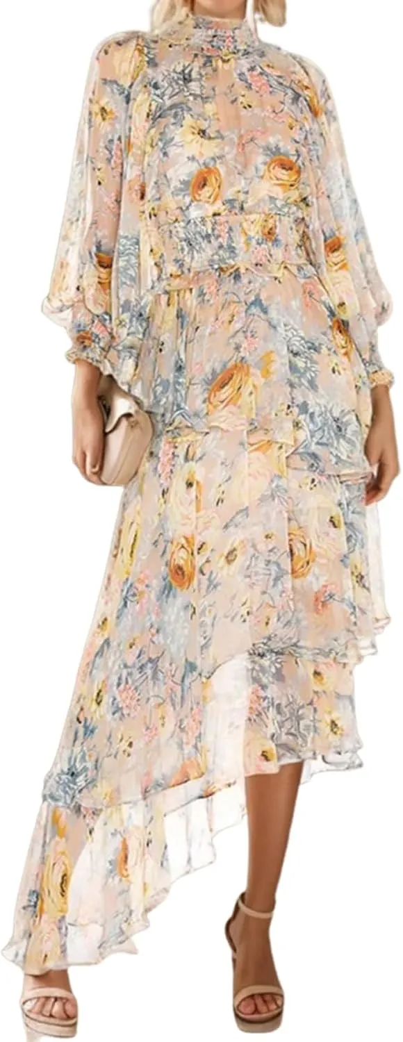 Women's Summer Dresses High Neck Long Sleeve Floral Print Print Beige Maxi Dress with Irregular Ruffle Hem