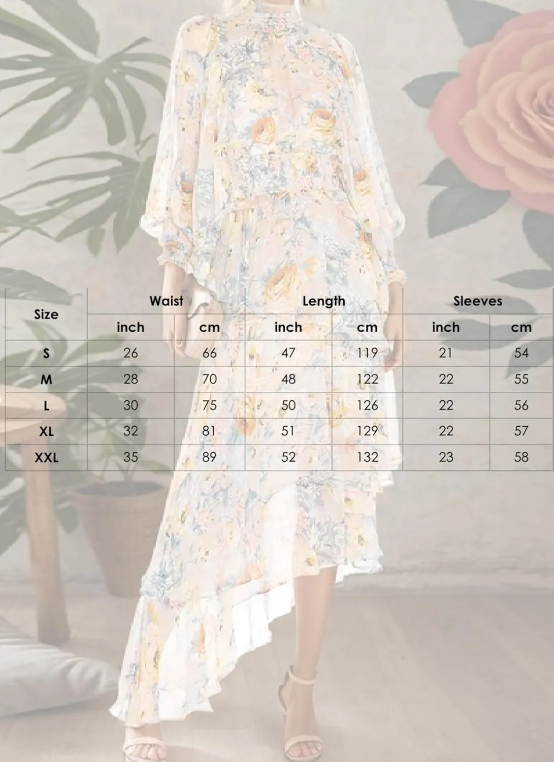 Women's Summer Dresses High Neck Long Sleeve Floral Print Print Beige Maxi Dress with Irregular Ruffle Hem