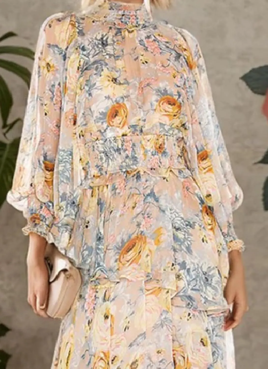 Women's Summer Dresses High Neck Long Sleeve Floral Print Print Beige Maxi Dress with Irregular Ruffle Hem