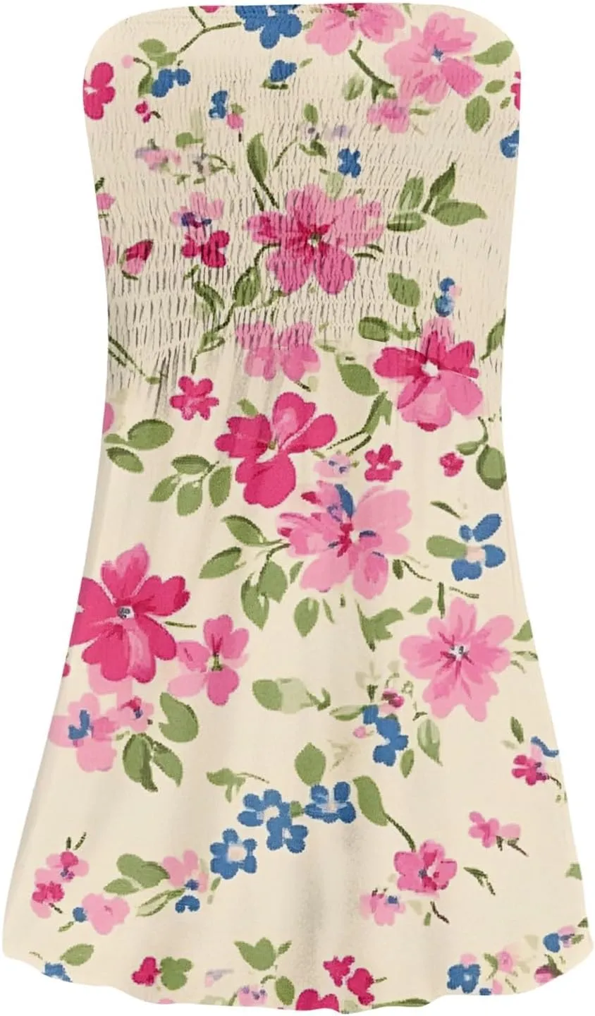 Women's Summer Dresses Strapless Boho Floral Mini Dress Casual Beach Cover Ups Tube Tops Sundress