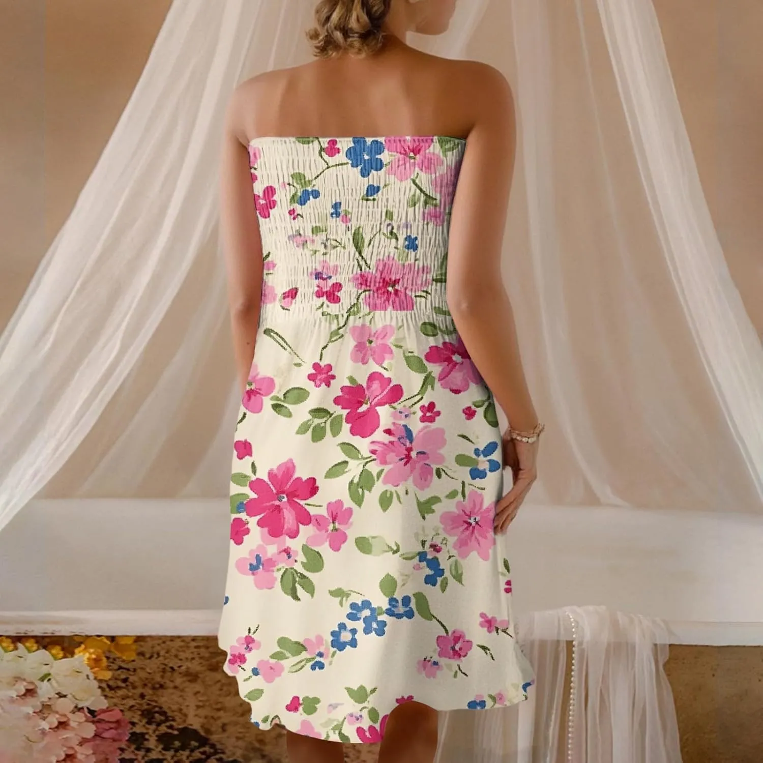 Women's Summer Dresses Strapless Boho Floral Mini Dress Casual Beach Cover Ups Tube Tops Sundress