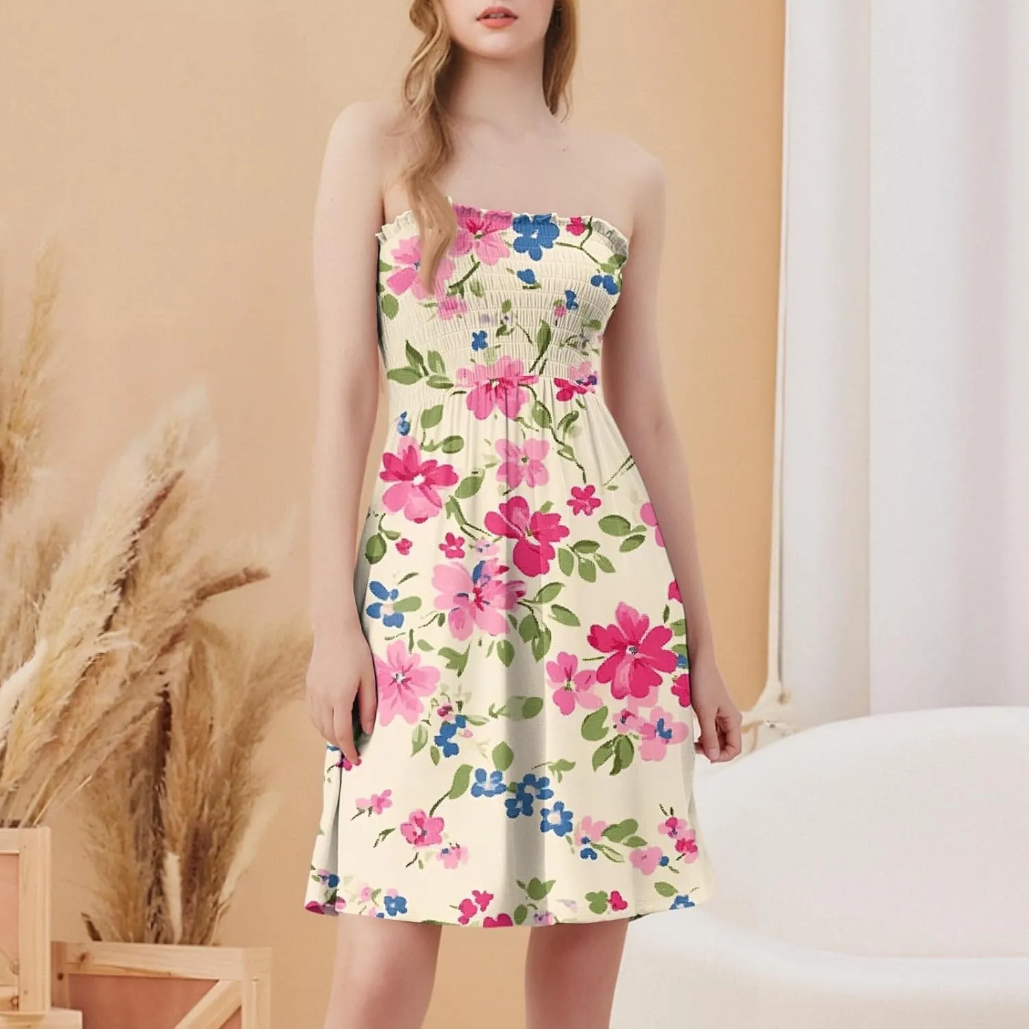 Women's Summer Dresses Strapless Boho Floral Mini Dress Casual Beach Cover Ups Tube Tops Sundress