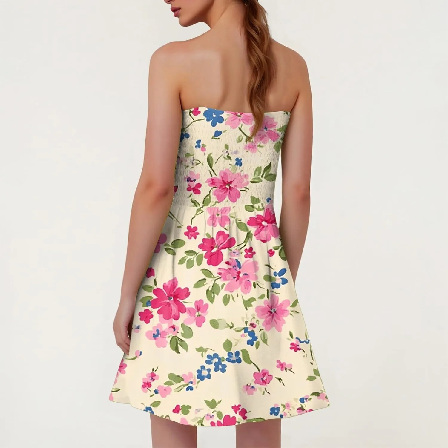 Women's Summer Dresses Strapless Boho Floral Mini Dress Casual Beach Cover Ups Tube Tops Sundress