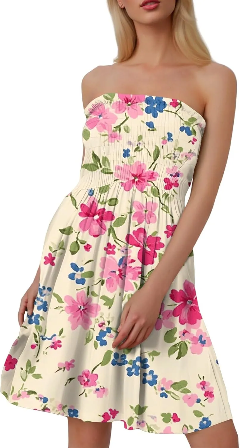 Women's Summer Dresses Strapless Boho Floral Mini Dress Casual Beach Cover Ups Tube Tops Sundress