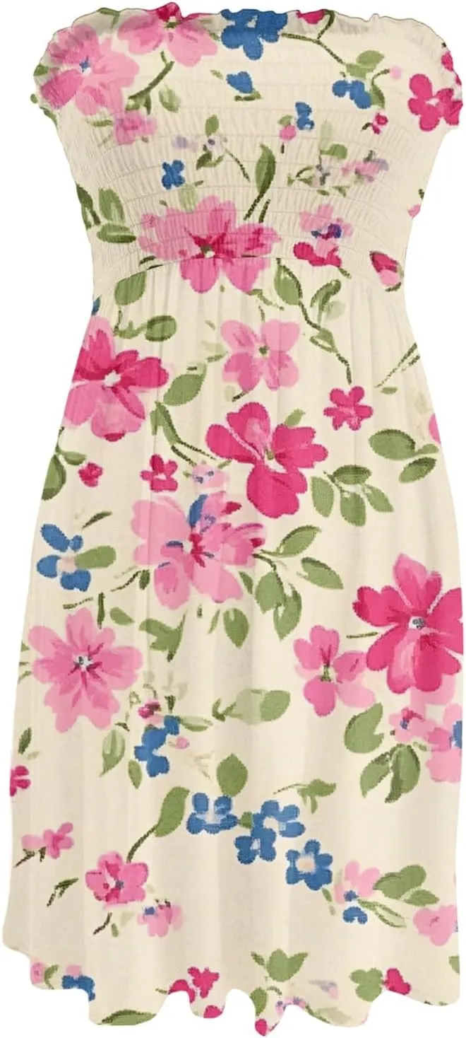 Women's Summer Dresses Strapless Boho Floral Mini Dress Casual Beach Cover Ups Tube Tops Sundress