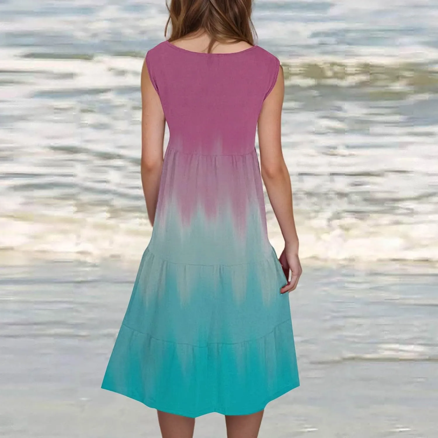 Womens Summer Midi Dress 2025 Sleeveless Crew Neck Cute Loose A line Boho Floral Casual Vacation Dresses with Pockets