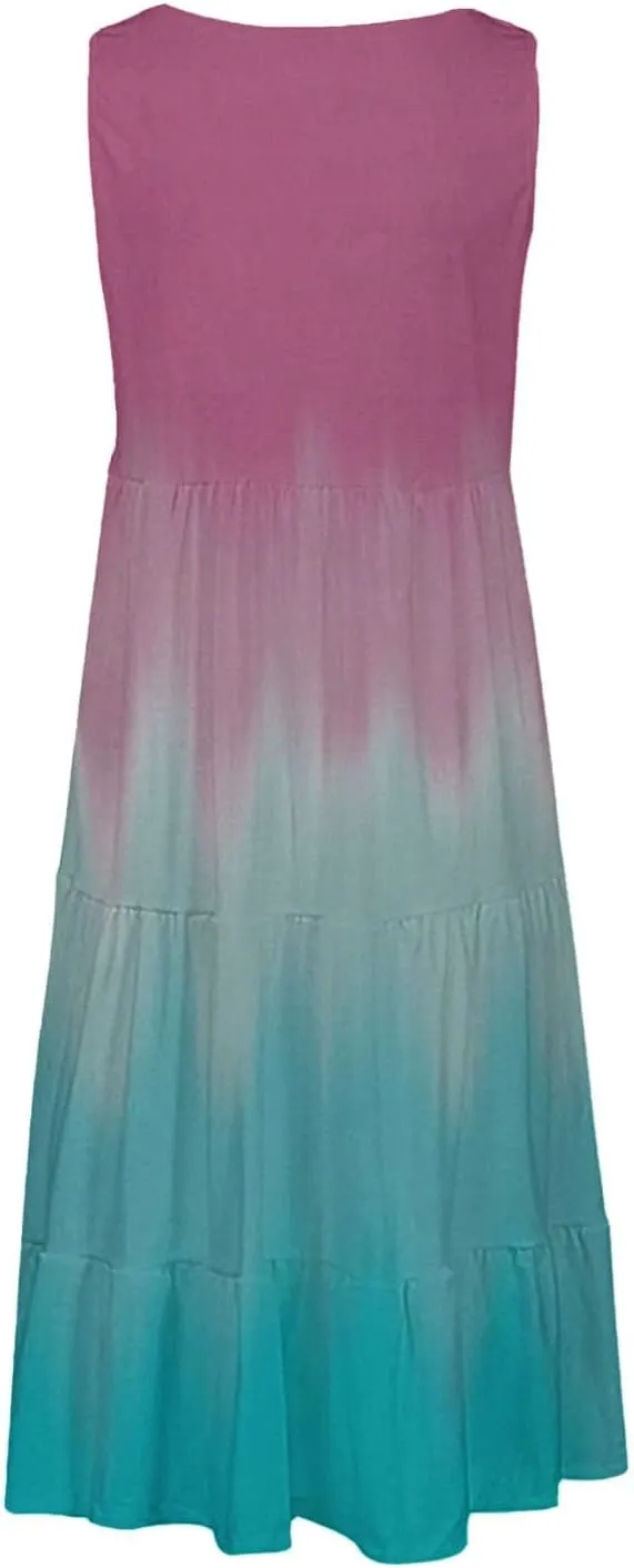 Womens Summer Midi Dress 2025 Sleeveless Crew Neck Cute Loose A line Boho Floral Casual Vacation Dresses with Pockets