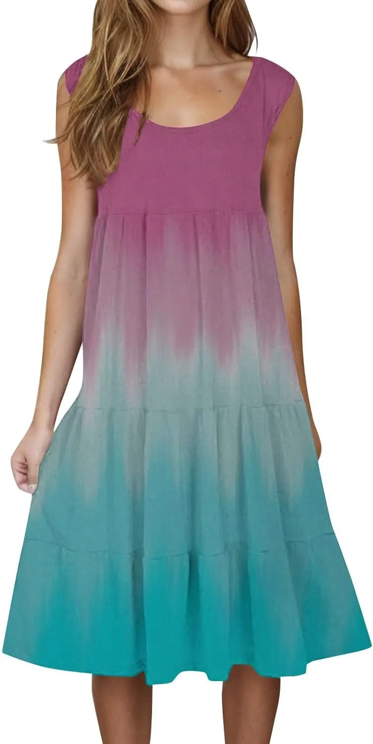 Womens Summer Midi Dress 2025 Sleeveless Crew Neck Cute Loose A line Boho Floral Casual Vacation Dresses with Pockets