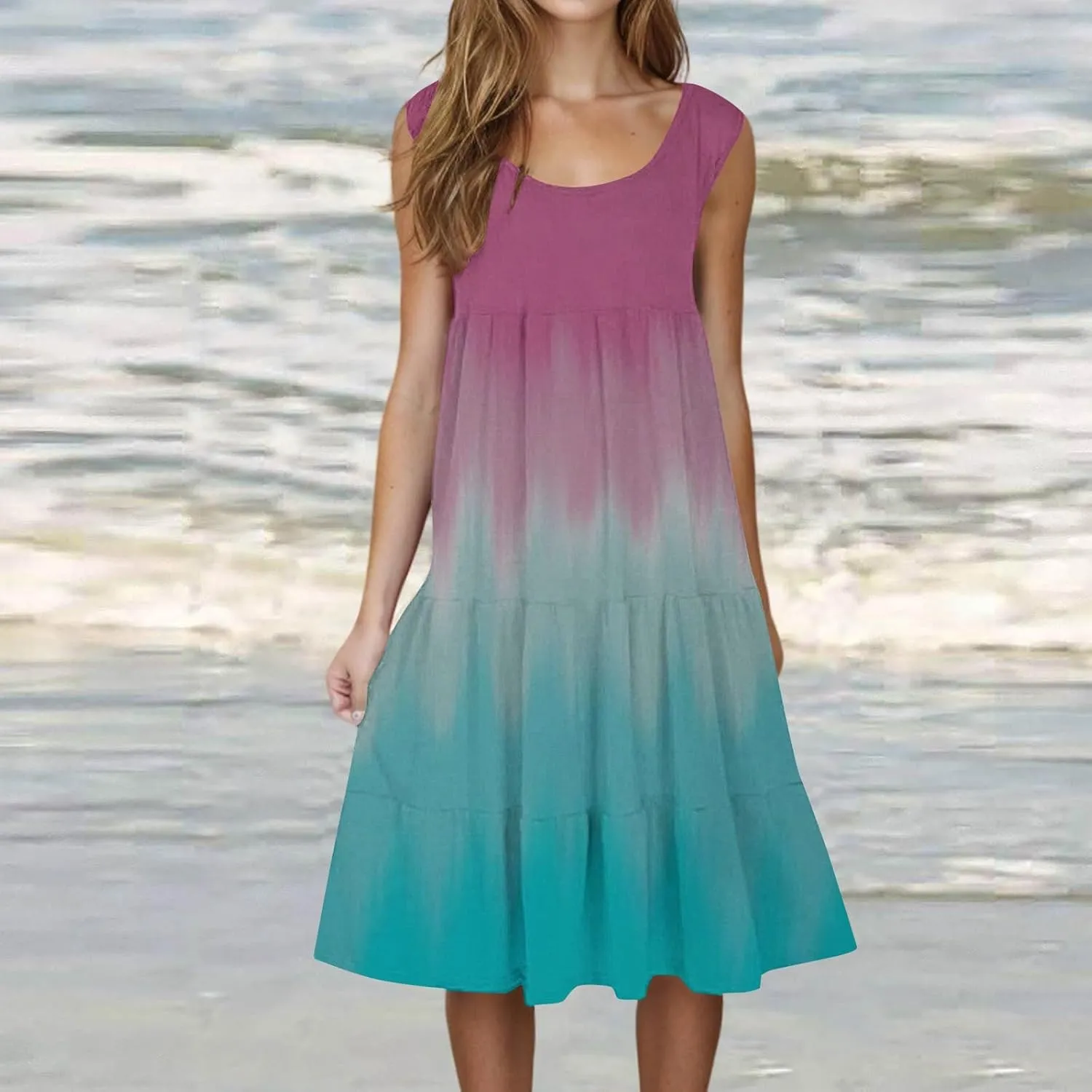 Womens Summer Midi Dress 2025 Sleeveless Crew Neck Cute Loose A line Boho Floral Casual Vacation Dresses with Pockets