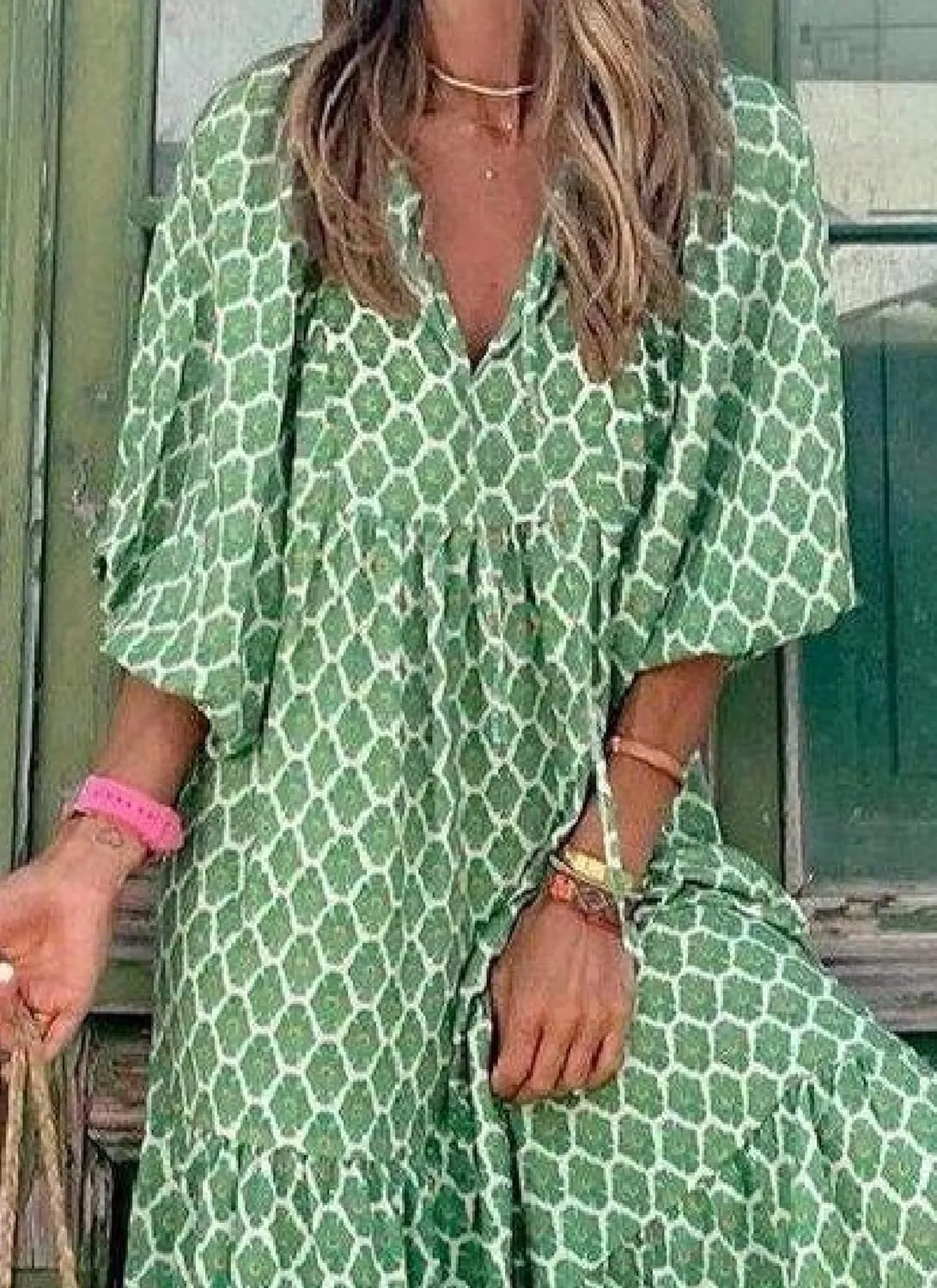 Women's Summer Spring Dresses Boho V Neck 3/4 Sleeves and Honeycomb Print Pattern Green Long Shift Dress