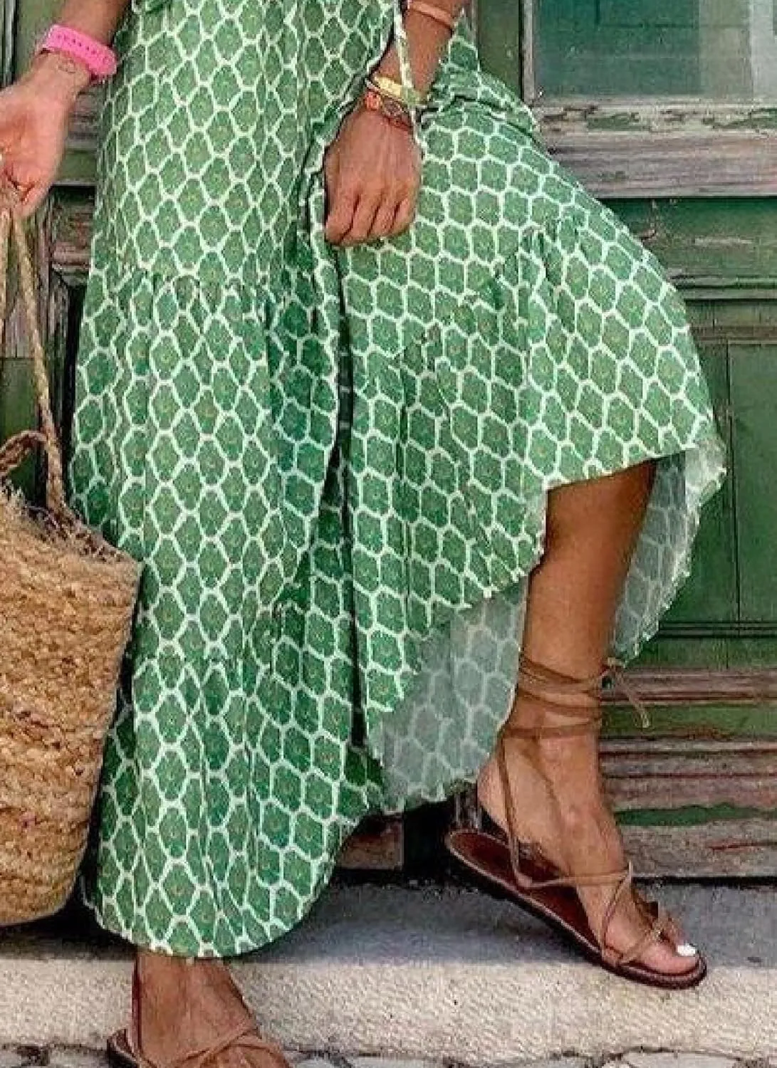 Women's Summer Spring Dresses Boho V Neck 3/4 Sleeves and Honeycomb Print Pattern Green Long Shift Dress