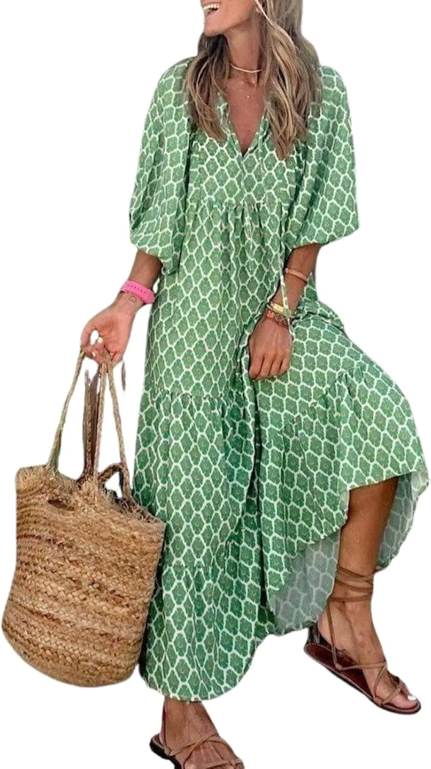 Women's Summer Spring Dresses Boho V Neck 3/4 Sleeves and Honeycomb Print Pattern Green Long Shift Dress