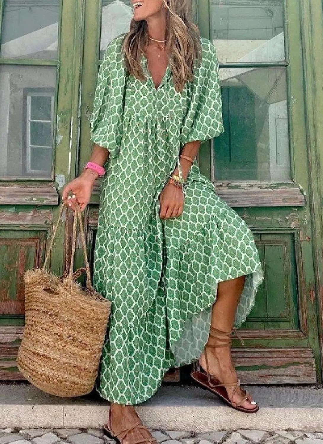 Women's Summer Spring Dresses Boho V Neck 3/4 Sleeves and Honeycomb Print Pattern Green Long Shift Dress