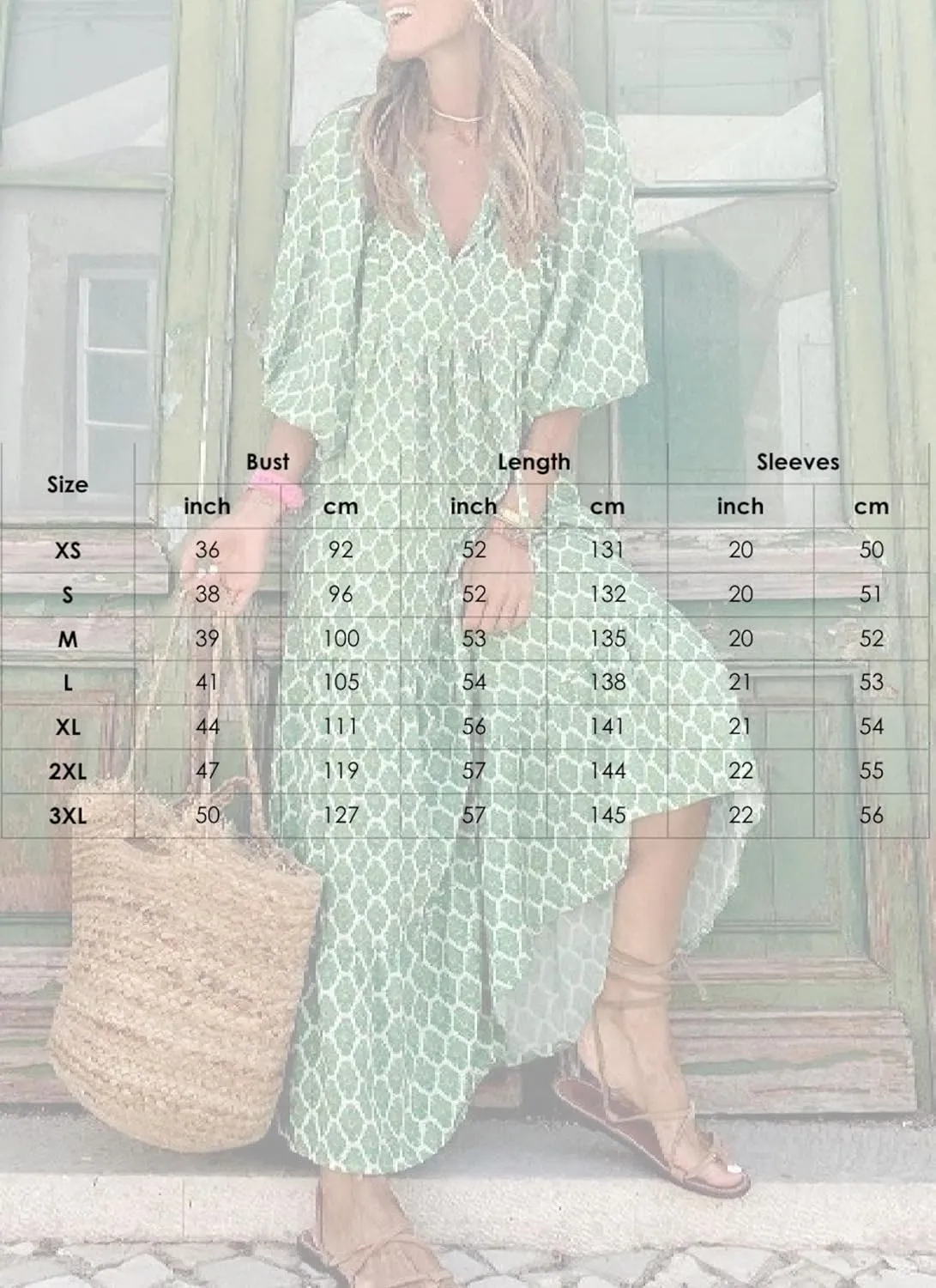Women's Summer Spring Dresses Boho V Neck 3/4 Sleeves and Honeycomb Print Pattern Green Long Shift Dress
