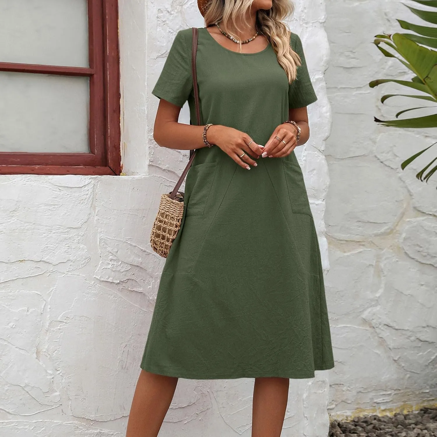 Womens Summer T Shirt Dresses with Pockets Cotton Linen Casual Loose Short Sleeve Tunic Dress Solid Basic Slim Dress