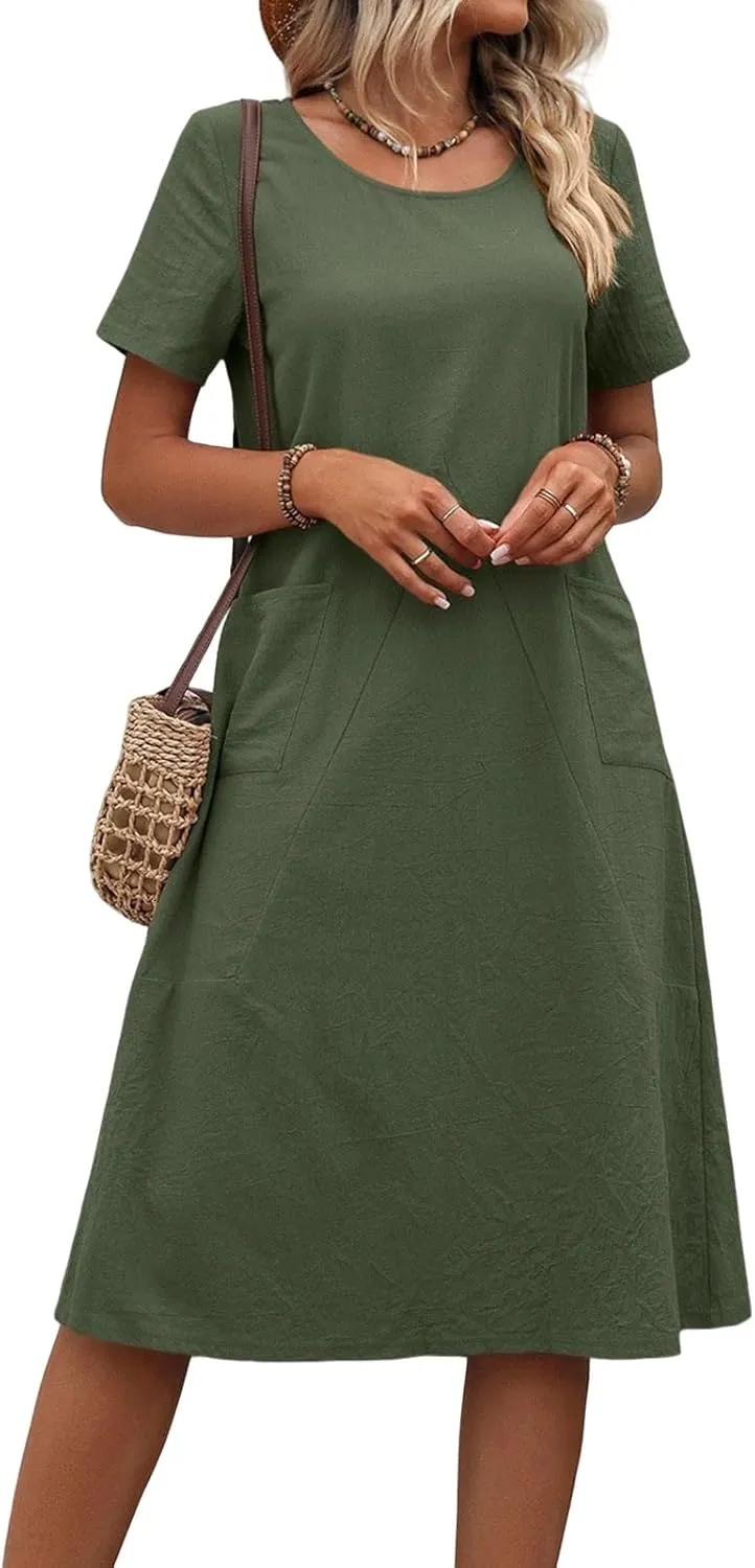 Womens Summer T Shirt Dresses with Pockets Cotton Linen Casual Loose Short Sleeve Tunic Dress Solid Basic Slim Dress