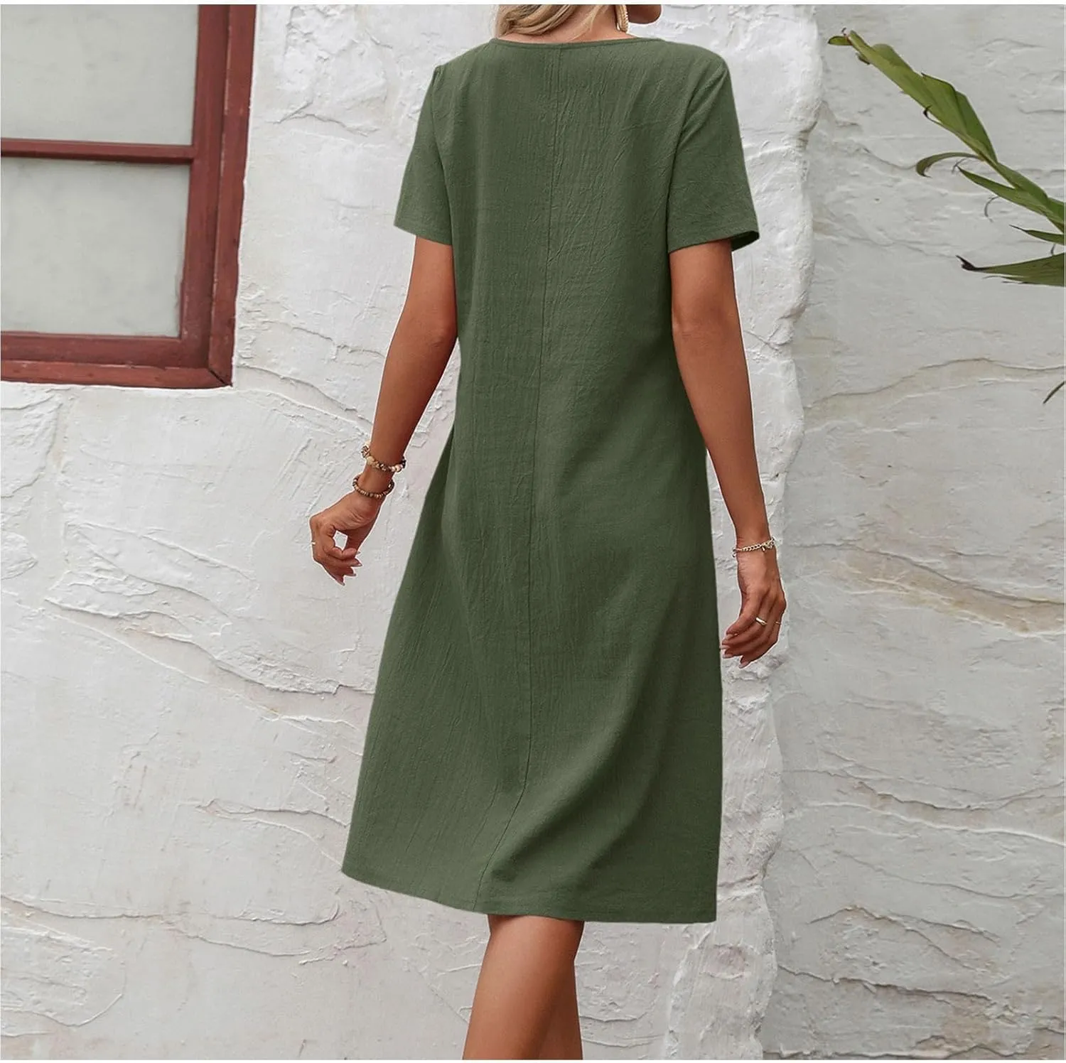 Womens Summer T Shirt Dresses with Pockets Cotton Linen Casual Loose Short Sleeve Tunic Dress Solid Basic Slim Dress
