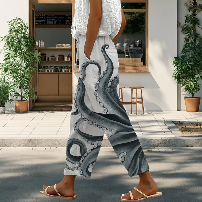 Womens Trendy Cropped Pants 2024 Japanese Vintage Plus Size Elastic Waist Casual Beach Trousers with Pocket