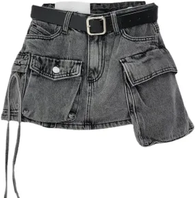 Women's Vintage Cargo Skirt Denim Y2K Classic Trendy Mini Skirt with Pockets Retro Low Waist Bodycon Jean Skirt
