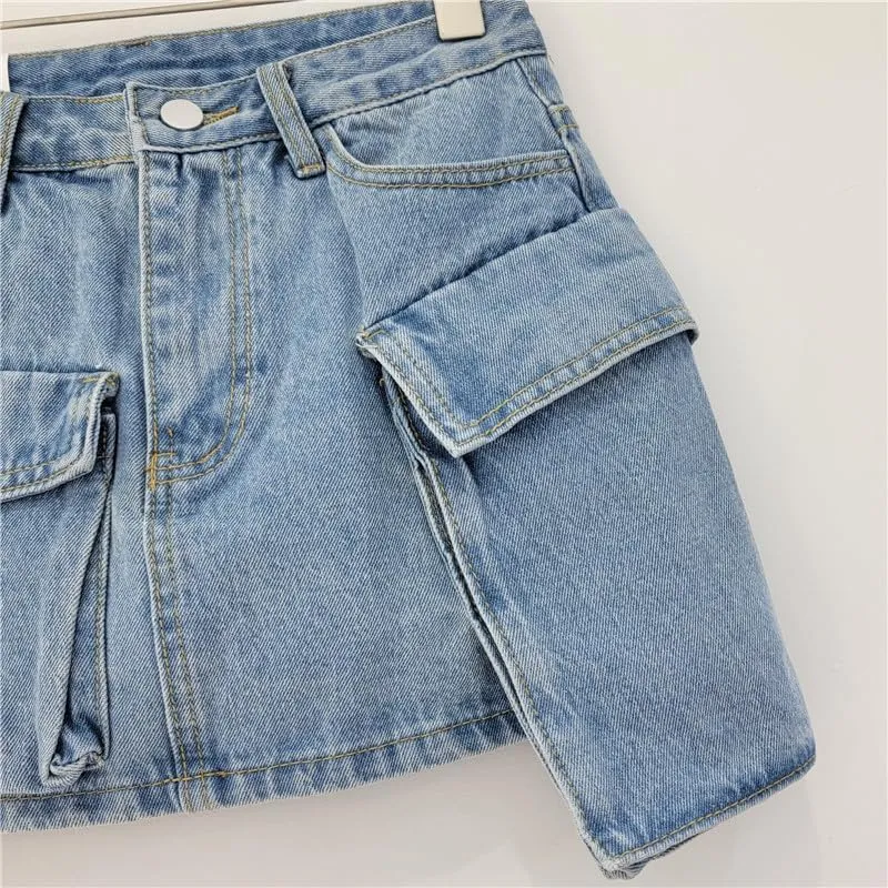 Women's Vintage Cargo Skirt Denim Y2K Classic Trendy Mini Skirt with Pockets Retro Low Waist Bodycon Jean Skirt