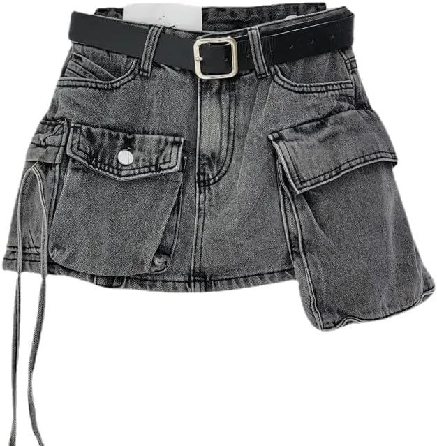 Women's Vintage Cargo Skirt Denim Y2K Classic Trendy Mini Skirt with Pockets Retro Low Waist Bodycon Jean Skirt