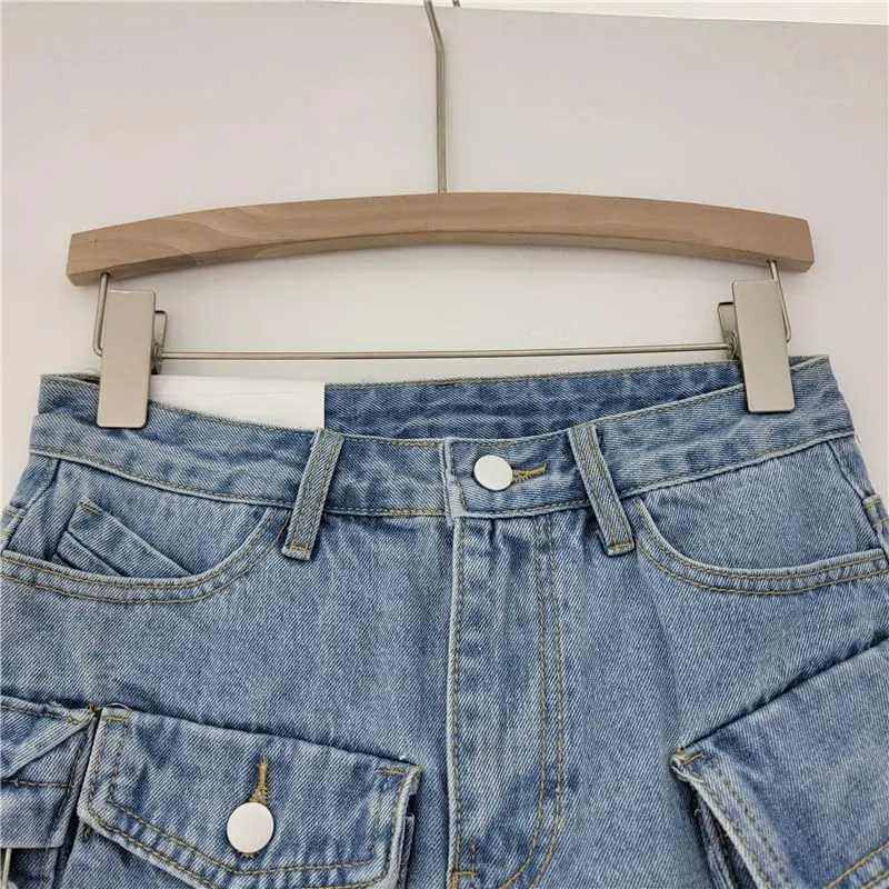 Women's Vintage Cargo Skirt Denim Y2K Classic Trendy Mini Skirt with Pockets Retro Low Waist Bodycon Jean Skirt