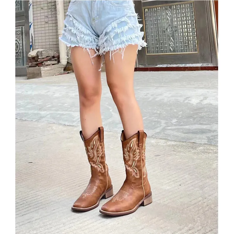 Women's Western Cowboy Boots Embroidered Pink Bow