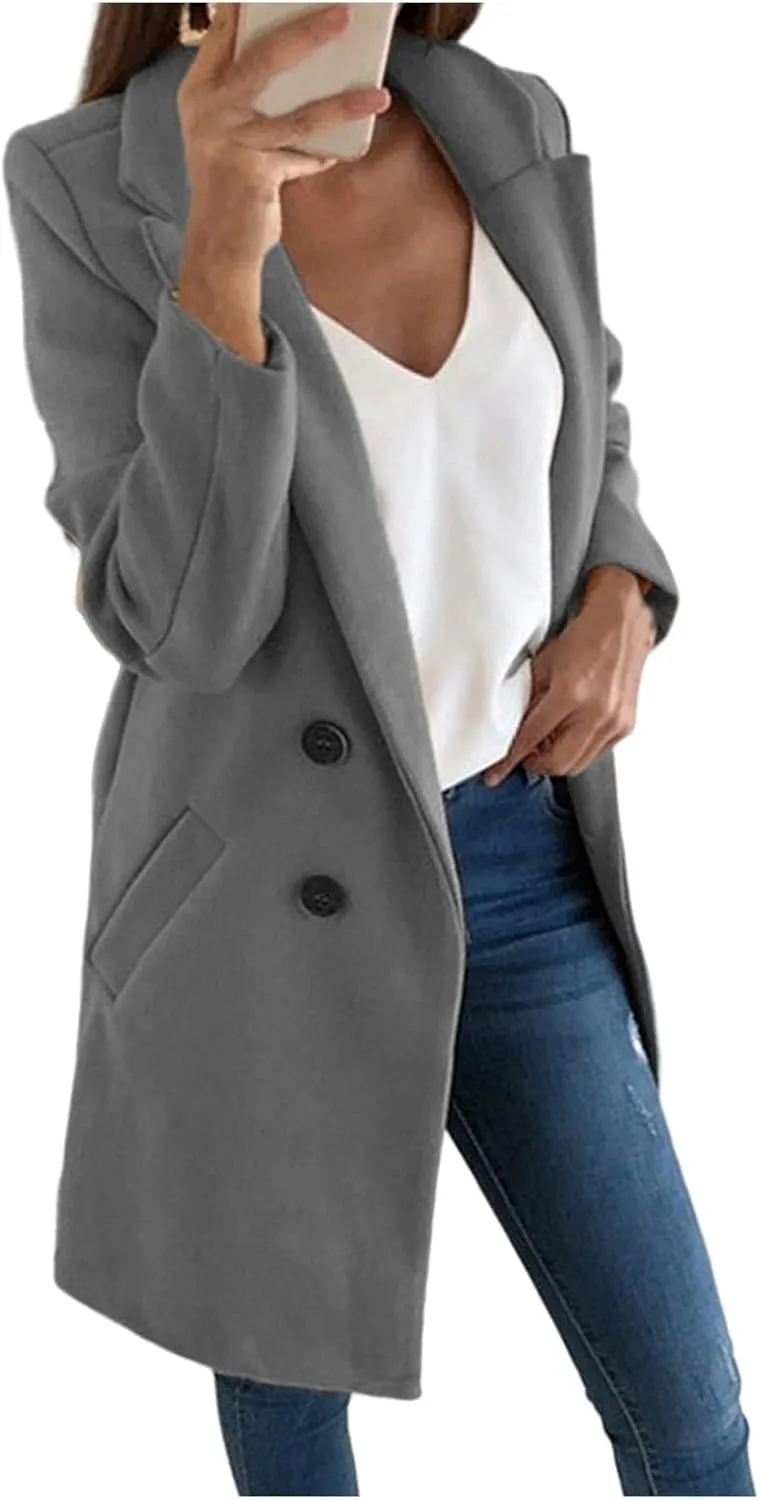Womens Wool Blend Winter Coats Notch Double-Breasted Lapel Jacket Long Sleeve Mid-Long Coat