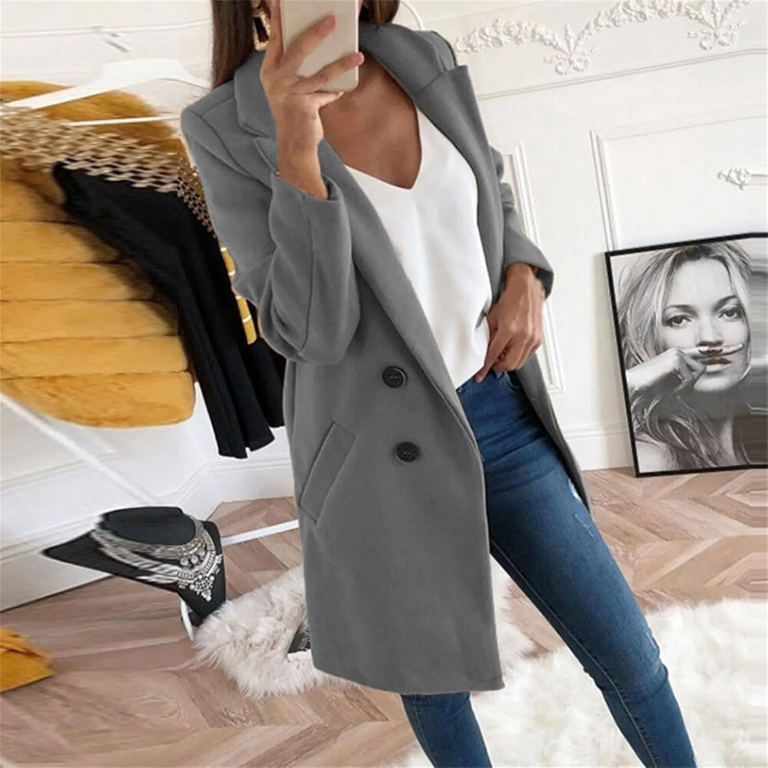 Womens Wool Blend Winter Coats Notch Double-Breasted Lapel Jacket Long Sleeve Mid-Long Coat